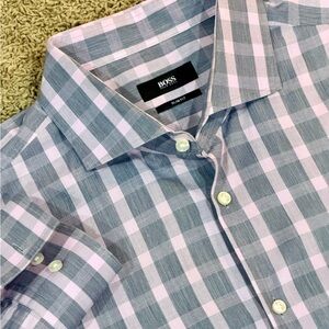 BOSS Hugo Boss Shirt Mens 17 43 Gray Purple Slim Fit Dress Button Up